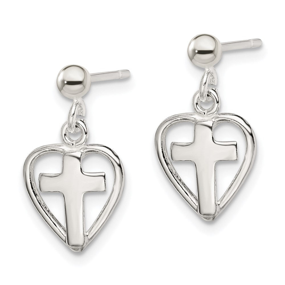 Sterlingsilber Poliert Kreuz in Herz Stecker Ohrhänger