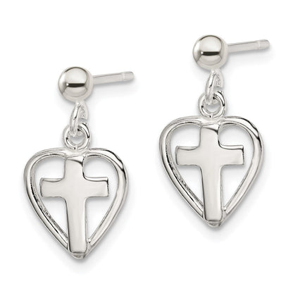 Sterlingsilber Poliert Kreuz in Herz Stecker Ohrhänger