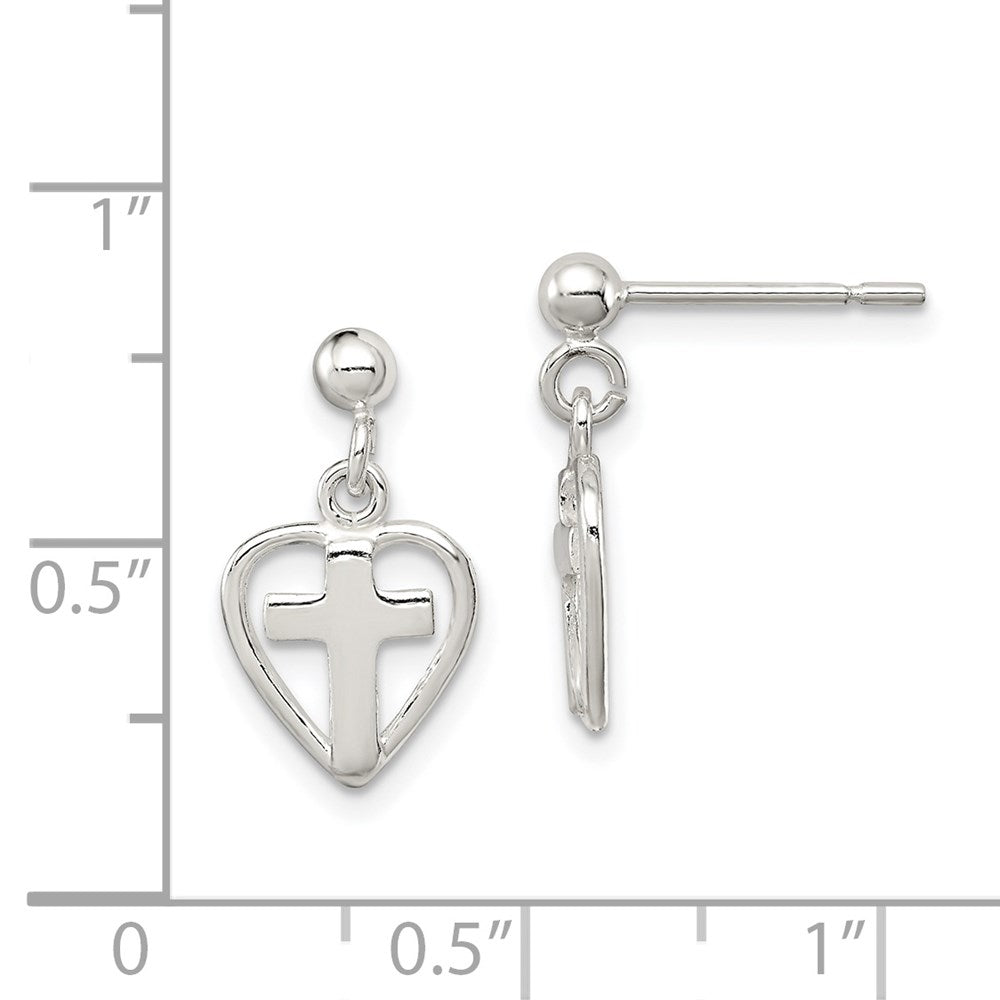 Sterlingsilber Poliert Kreuz in Herz Stecker Ohrhänger