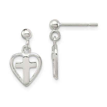 Sterlingsilber Poliert Kreuz in Herz Stecker Ohrhänger