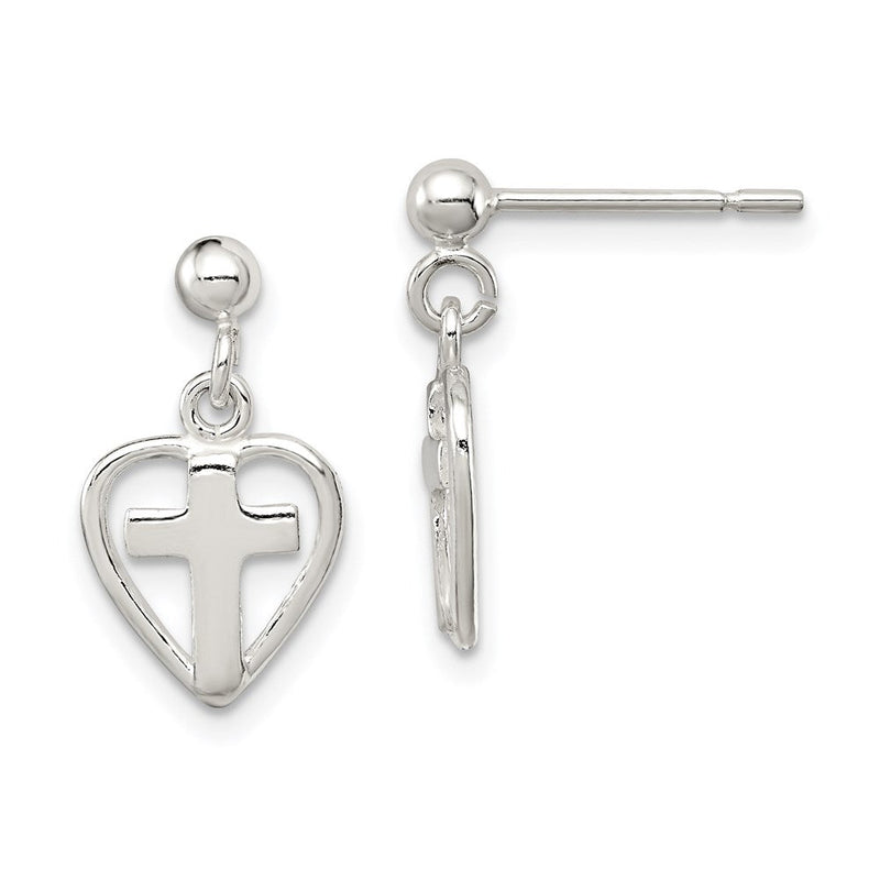 Sterlingsilber Poliert Kreuz in Herz Stecker Ohrhänger