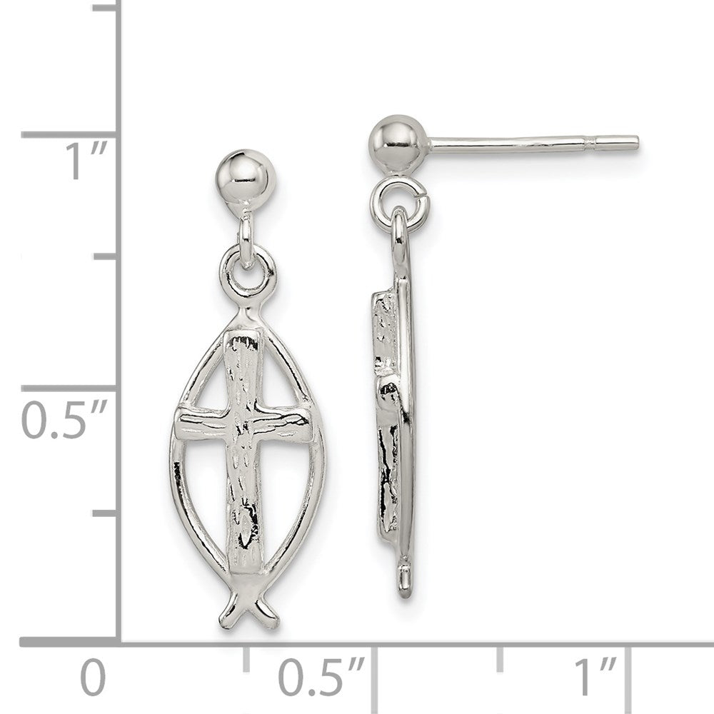 Sterlingsilber Poliert Antikisiert & Strukturiert Ichthus Kreuz Stecker Ohrhänger