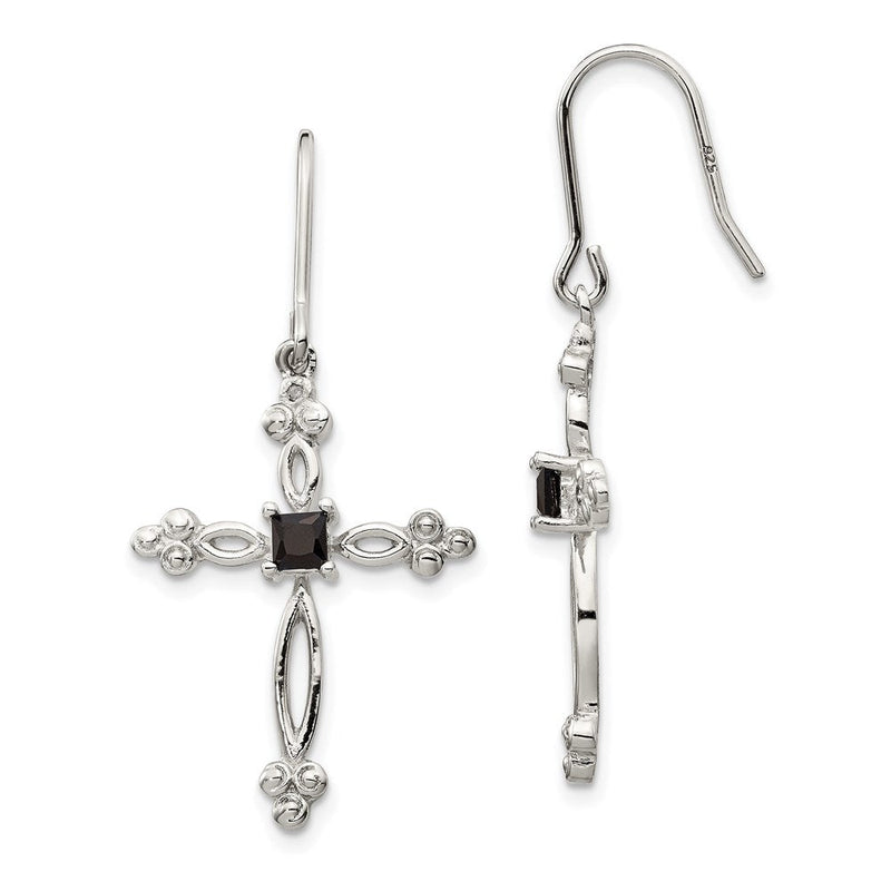 Sterlingsilber Rhodiniert Poliert Diamant Akzente & Schwarz Zirkonia Knospend Kreuz Ohrhänger