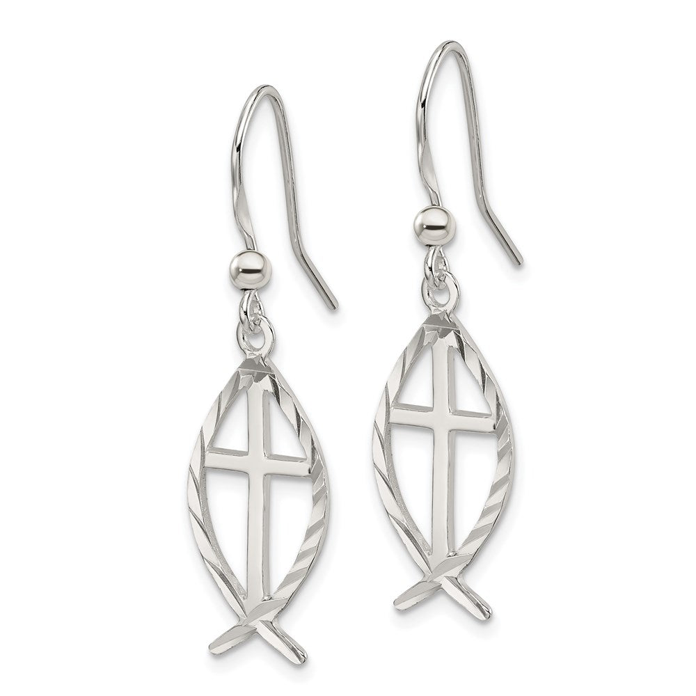 Sterlingsilber Poliert & Diamantiert Kreuz Ichthus Ohrhänger