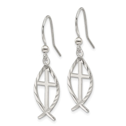 Sterlingsilber Poliert & Diamantiert Kreuz Ichthus Ohrhänger
