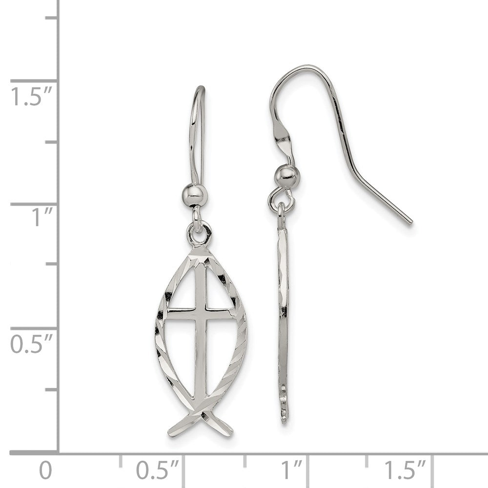 Sterlingsilber Poliert & Diamantiert Kreuz Ichthus Ohrhänger