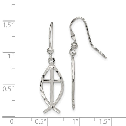 Sterlingsilber Poliert & Diamantiert Kreuz Ichthus Ohrhänger