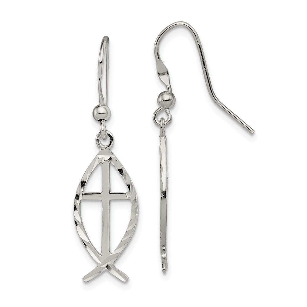 Sterlingsilber Poliert & Diamantiert Kreuz Ichthus Ohrhänger