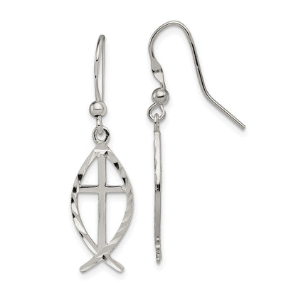 Sterlingsilber Poliert & Diamantiert Kreuz Ichthus Ohrhänger