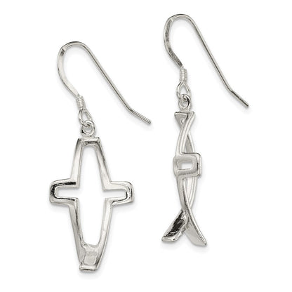 Sterlingsilber Poliert Kreuz Ichthus Ohrhänger