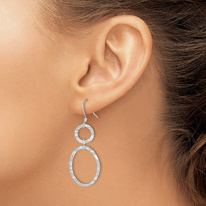 Sterlingsilber Rhodiniert Poliert & Gehämmert Kreis Oval Hängend Earrin