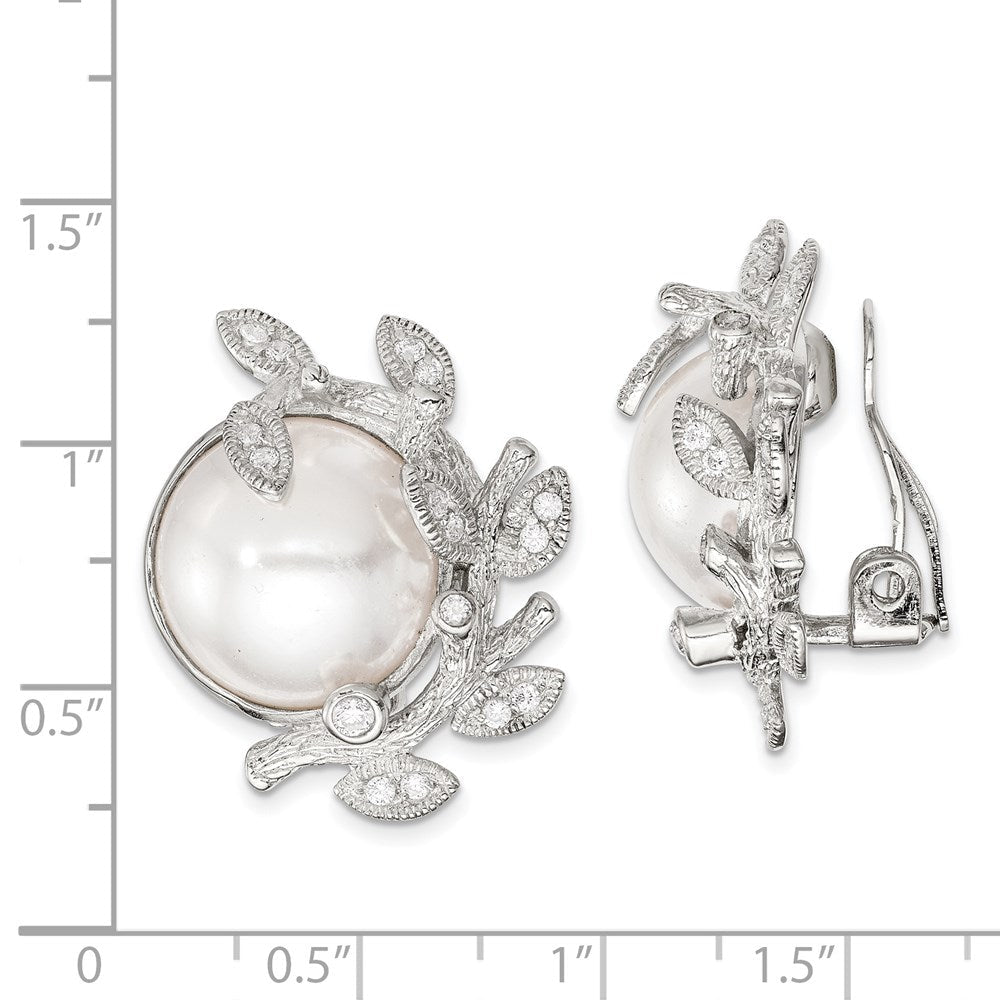 Sterlingsilber Poliert & Strukturiert Fantasie Imitat Perle Zirkonia Blatt Non Durchbrochen Ohrringe