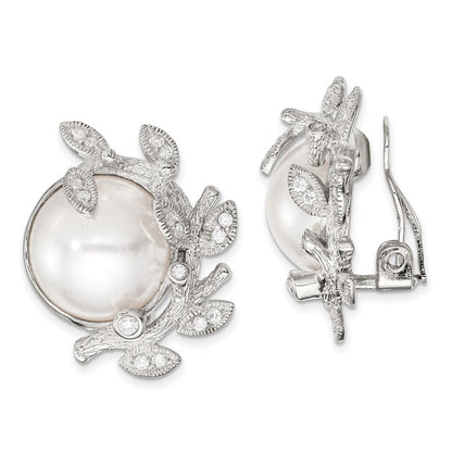 Sterlingsilber Poliert & Strukturiert Fantasie Imitat Perle Zirkonia Blatt Non Durchbrochen Ohrringe