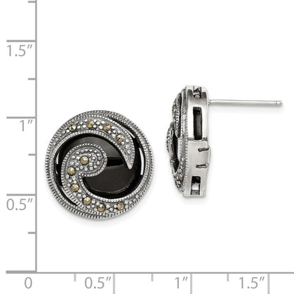 Sterlingsilber Antikisiert Onyx & Markasit Rund Welle Ohrstecker