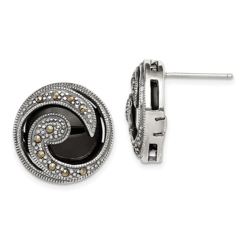 Sterlingsilber Antikisiert Onyx & Markasit Rund Welle Ohrstecker