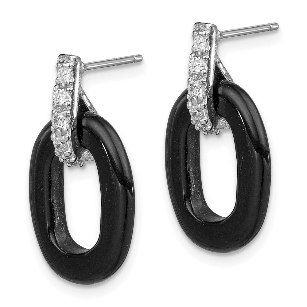 Sterlingsilber Rhodiniert Poliert Onyx & Zirkonia Oval Stecker Ohrhänger