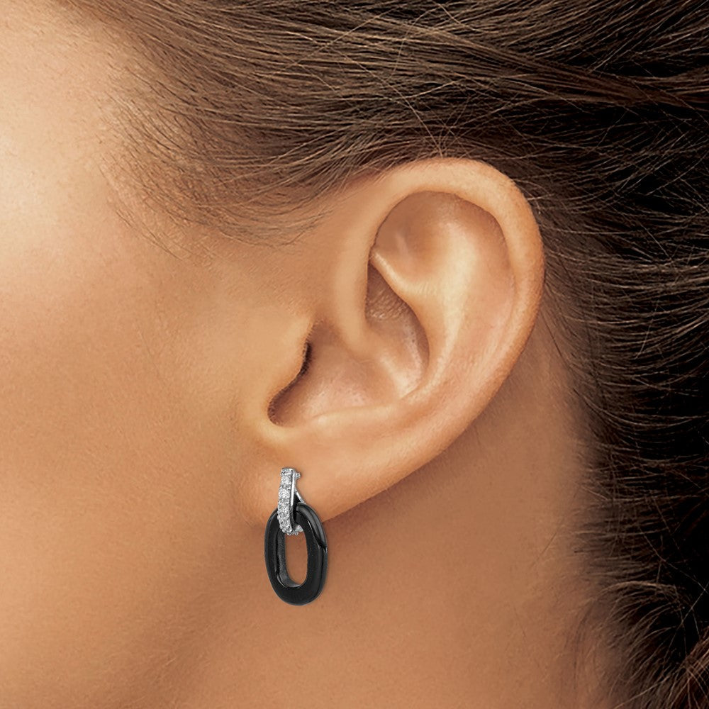 Sterlingsilber Rhodiniert Poliert Onyx & Zirkonia Oval Stecker Ohrhänger