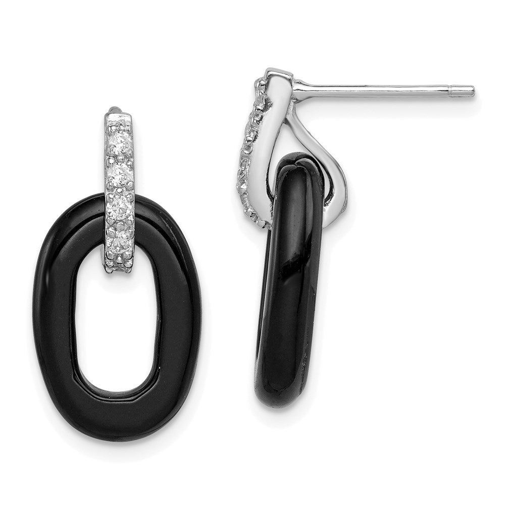 Sterlingsilber Rhodiniert Poliert Onyx & Zirkonia Oval Stecker Ohrhänger