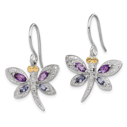Sterlingsilber Brillant Gemstones mit 14K Akzente Rhodiniert Amethyst und Iolite Diamant Libelle Ohrringe