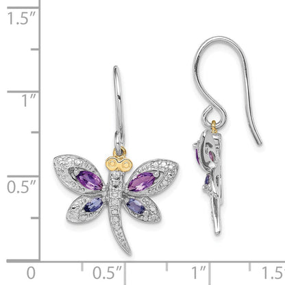 Sterlingsilber Brillant Gemstones mit 14K Akzente Rhodiniert Amethyst und Iolite Diamant Libelle Ohrringe