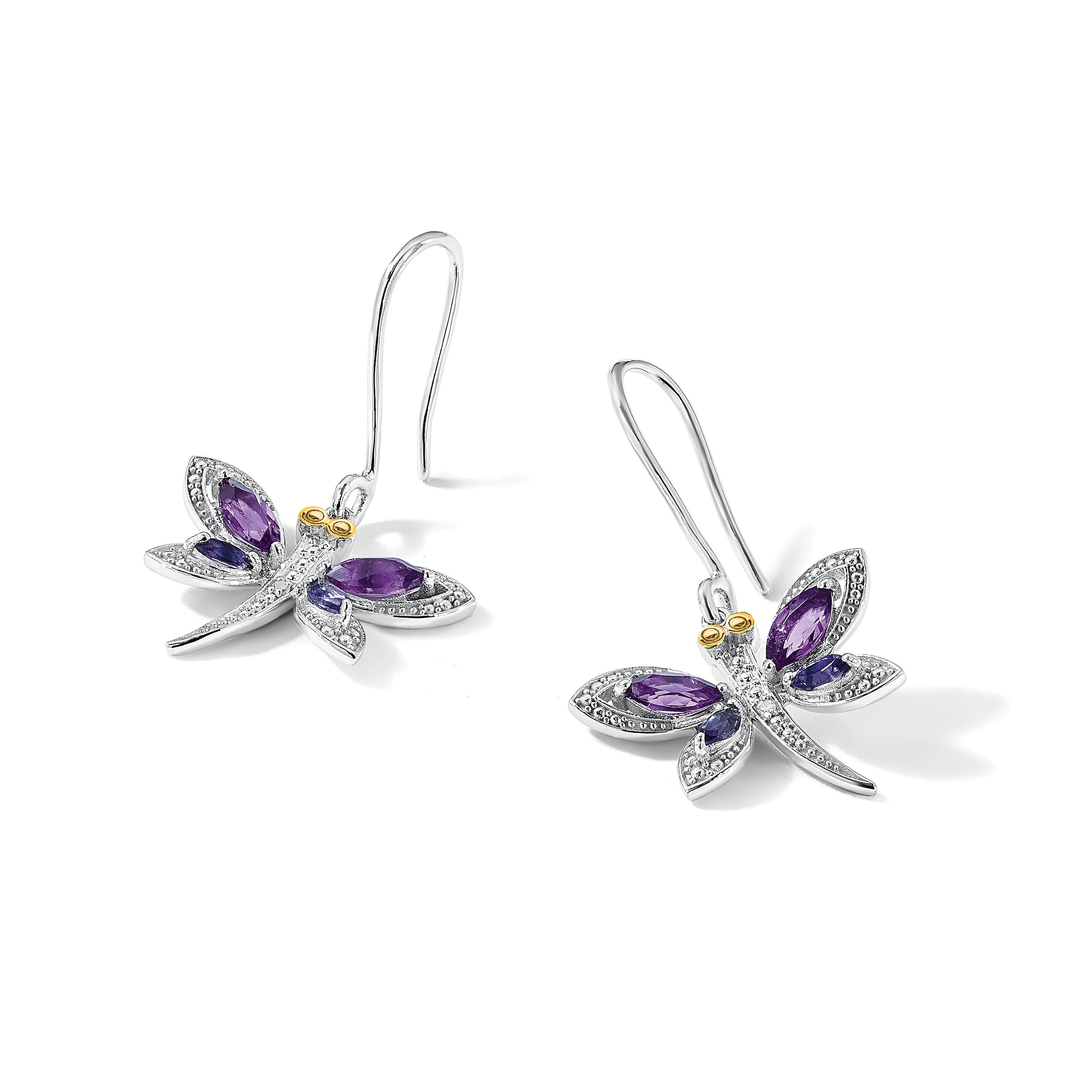 Sterlingsilber Brillant Gemstones mit 14K Akzente Rhodiniert Amethyst und Iolite Diamant Libelle Ohrringe