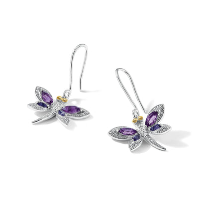 Sterlingsilber Brillant Gemstones mit 14K Akzente Rhodiniert Amethyst und Iolite Diamant Libelle Ohrringe