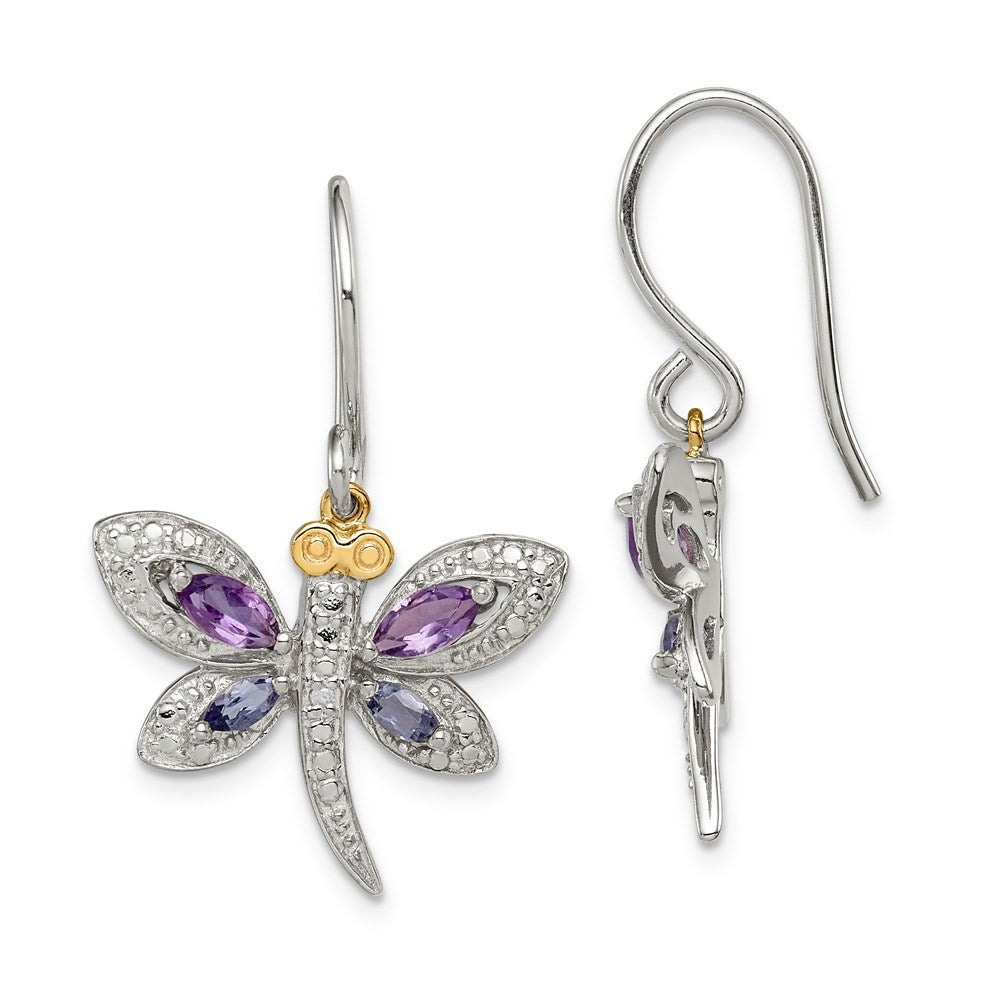 Sterlingsilber Brillant Gemstones mit 14K Akzente Rhodiniert Amethyst und Iolite Diamant Libelle Ohrringe