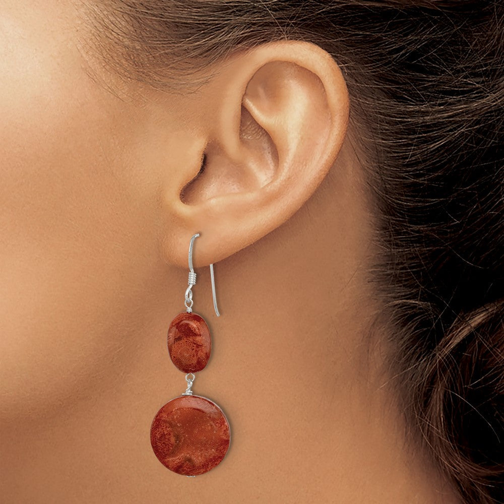 Sterlingsilber Poliert Rund & Oval Recon. Rot Coral Ohrhänger