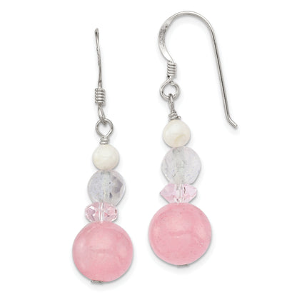 Sterlingsilber Poliert Rosa Kristall, Jade & Perlmutt Hängend Earrin