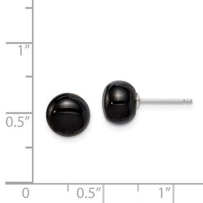 Sterlingsilber Rhodiniert 8-8.5mm Schwarz Achat Knopf Ohrstecker