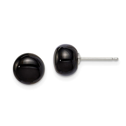 Sterlingsilber Rhodiniert 8-8.5mm Schwarz Achat Knopf Ohrstecker