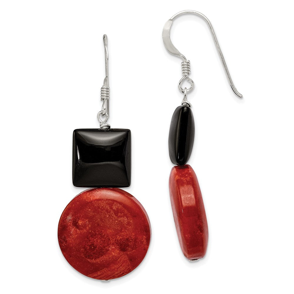 Sterlingsilber Poliert Schwarz Achat & Recon. Rot Coral Ohrhänger