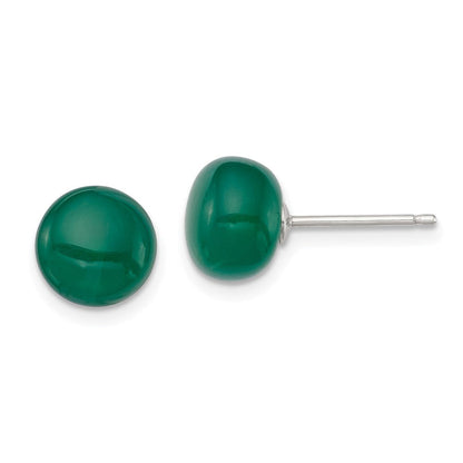 Sterlingsilber Rhodiniert 8-9mm Dunkel Grün Achat Knopf Ohrstecker