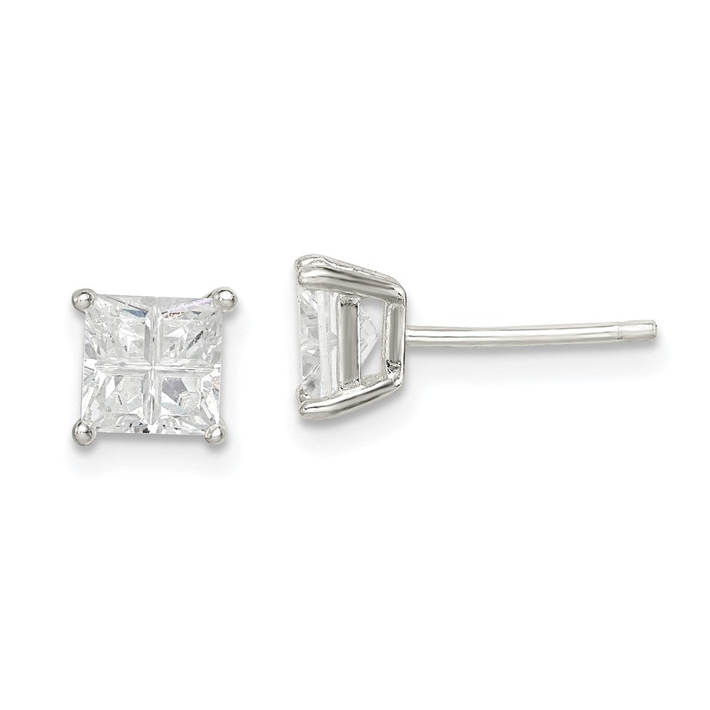 Sterlingsilber 5mm Quadratisch Kreuz-cut Zirkonia Korb Set Ohrstecker