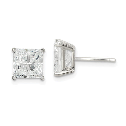 Sterlingsilber 7mm Quadratisch Kreuz-cut Zirkonia Korb Set Ohrstecker
