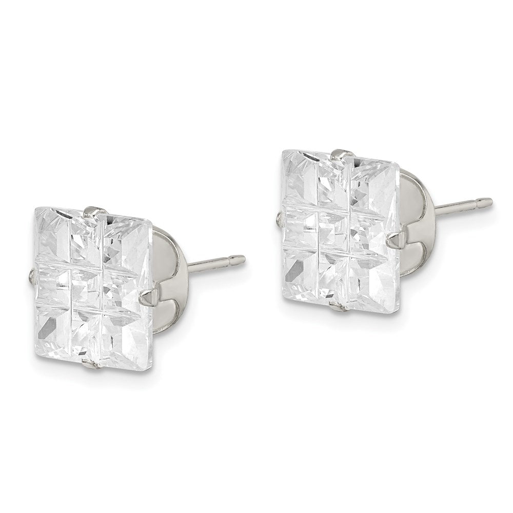 Sterlingsilber 10mm Quadratisch Snap Set Lasergraviert-cut Zirkonia Ohrstecker