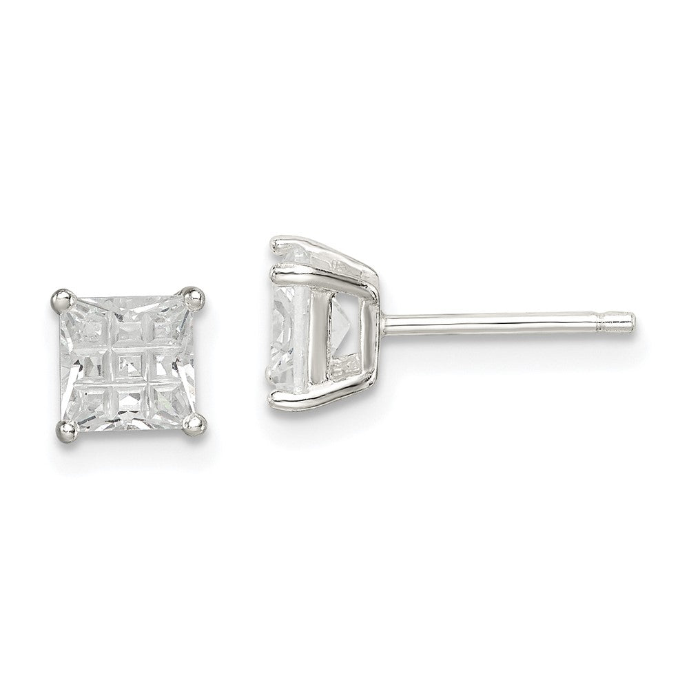 Sterlingsilber 5mm Quadratisch Lasergraviert-cut Zirkonia Korb Set Ohrstecker