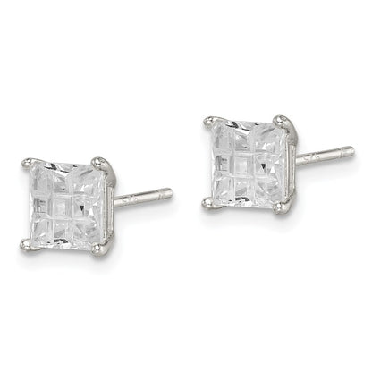 Sterlingsilber 6mm Quadratisch Lasergraviert-cut Zirkonia Korb Set Ohrstecker