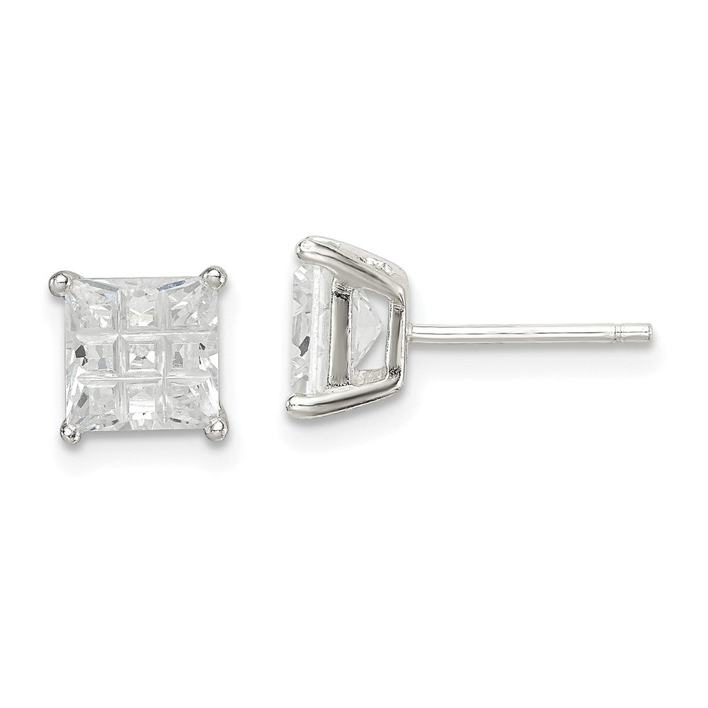 Sterlingsilber 6mm Quadratisch Lasergraviert-cut Zirkonia Korb Set Ohrstecker