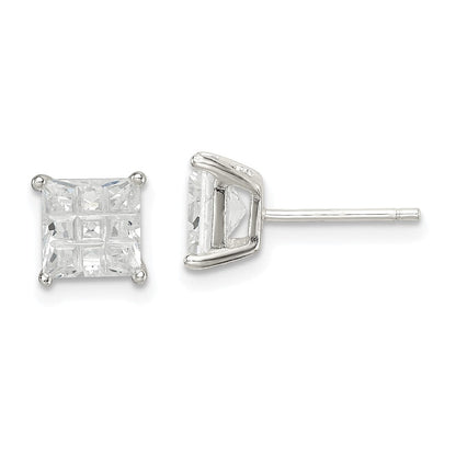 Sterlingsilber 6mm Quadratisch Lasergraviert-cut Zirkonia Korb Set Ohrstecker