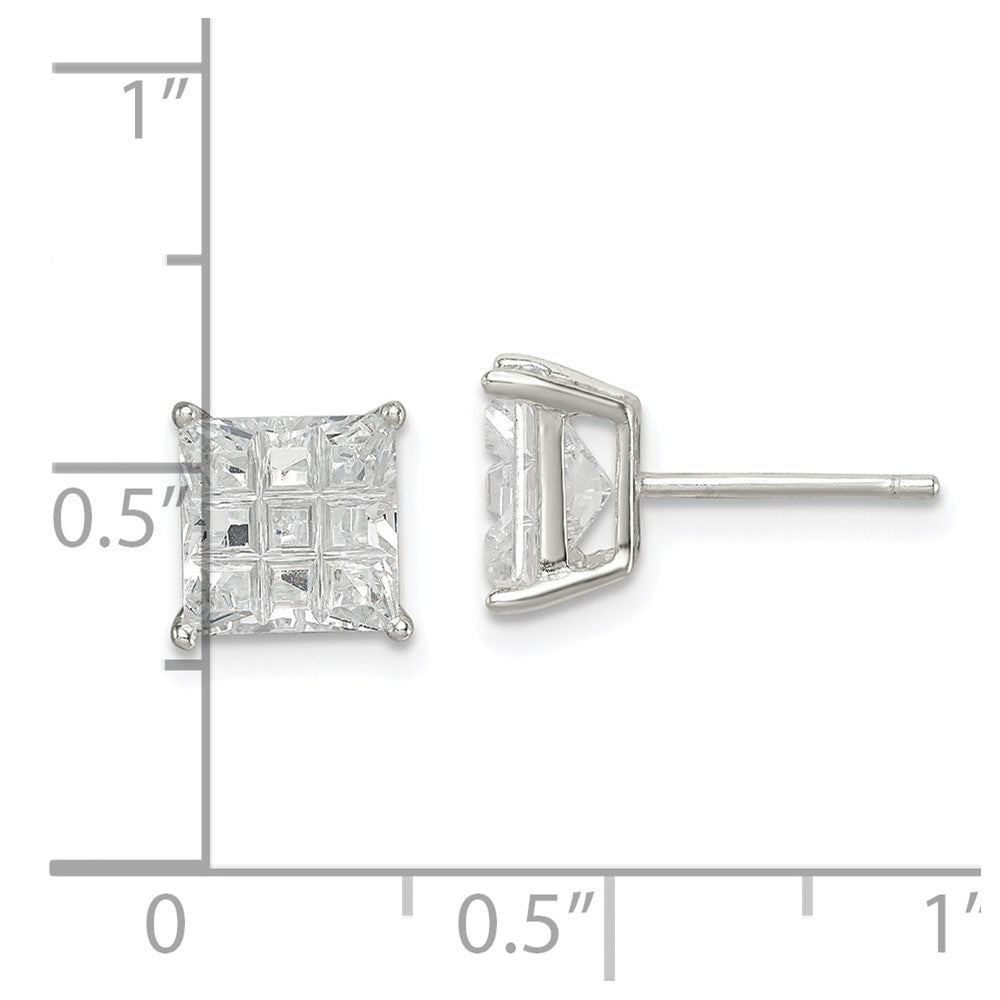 Sterlingsilber 7mm Quadratisch Lasergraviert-cut Zirkonia Korb Set Ohrstecker