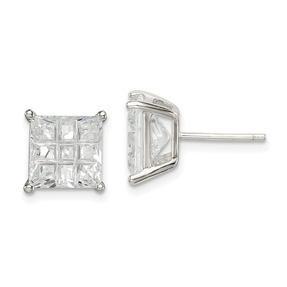 Sterlingsilber 8mm Quadratisch Lasergraviert-cut Zirkonia Korb Set Ohrstecker