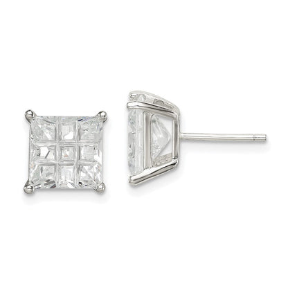 Sterlingsilber 8mm Quadratisch Lasergraviert-cut Zirkonia Korb Set Ohrstecker