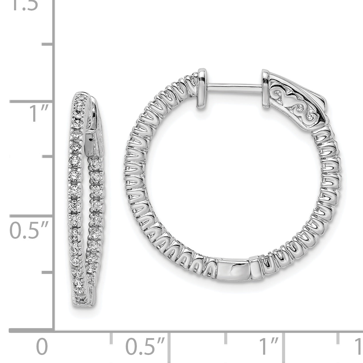 Sterlingsilber Schimmernd Rhodiniert 60 Stein 1.3mm Zirkonia in und Außen Rund Klappbar Creolen
