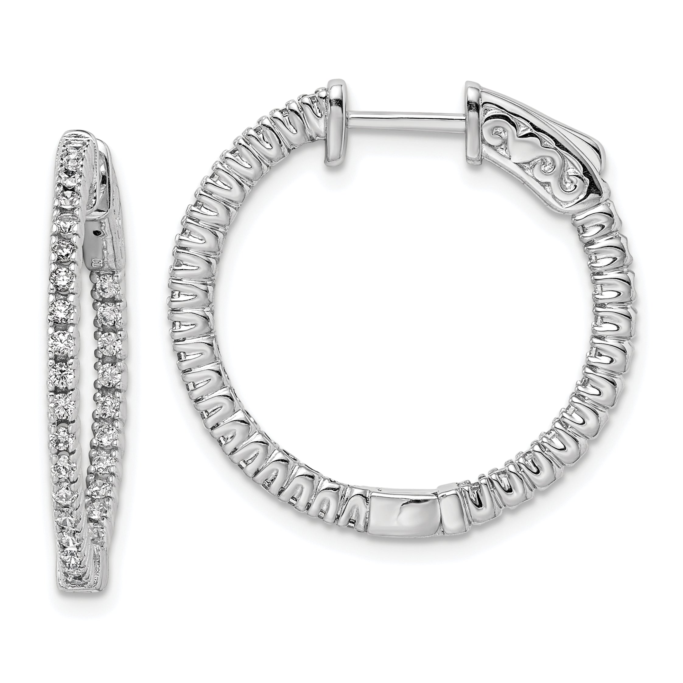 Sterlingsilber Schimmernd Rhodiniert 60 Stein 1.3mm Zirkonia in und Außen Rund Klappbar Creolen