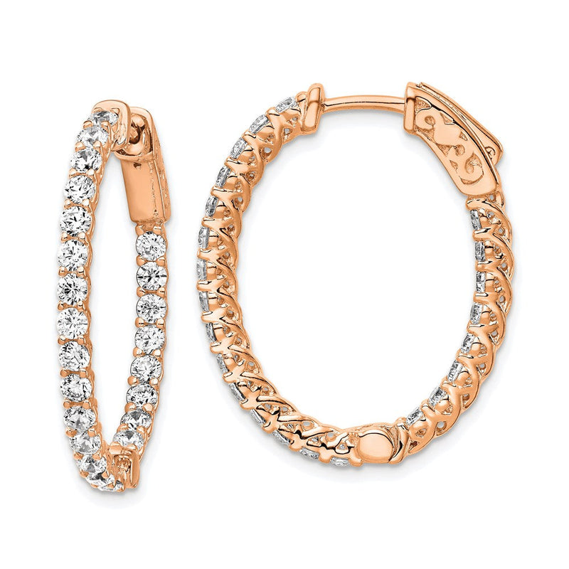 Sterlingsilber Schimmernd Roséfarben Glanz Rose Vergoldet 46 Stein 2.25mm Zirkonia in und Außen Oval Klappbar Creolen