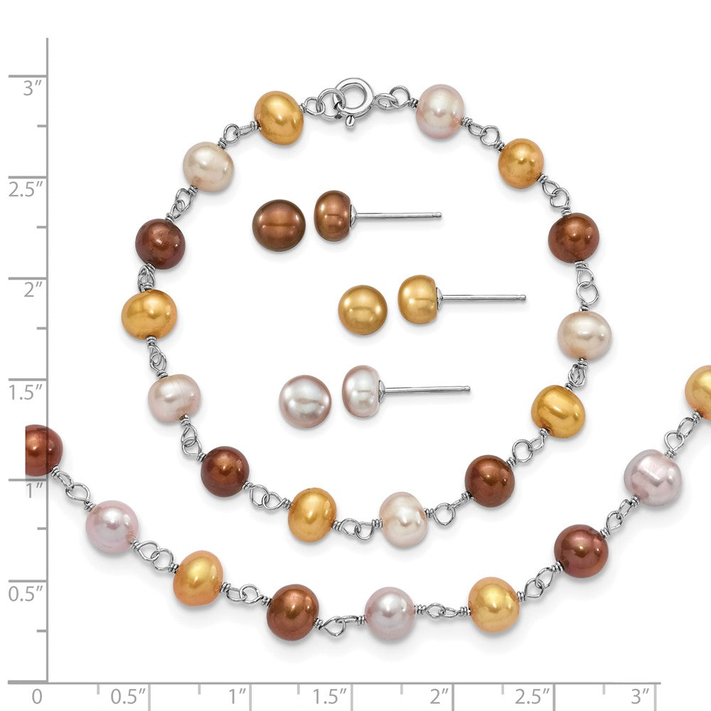 Sterlingsilber Rhodiniert Weiß/yellow/brown Fwc Perle Neck/brace/ear Set