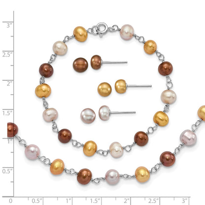 Sterlingsilber Rhodiniert Weiß/yellow/brown Fwc Perle Neck/brace/ear Set