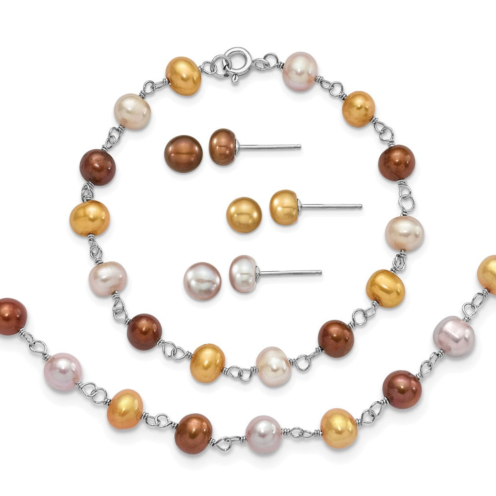 Sterlingsilber Rhodiniert Weiß/yellow/brown Fwc Perle Neck/brace/ear Set