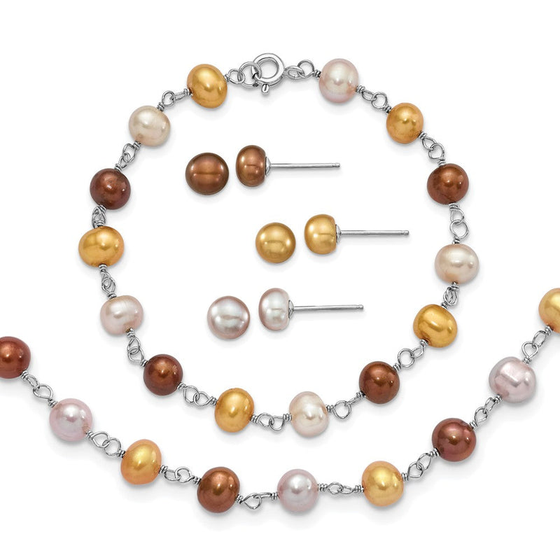 Sterlingsilber Rhodiniert Weiß/yellow/brown Fwc Perle Neck/brace/ear Set